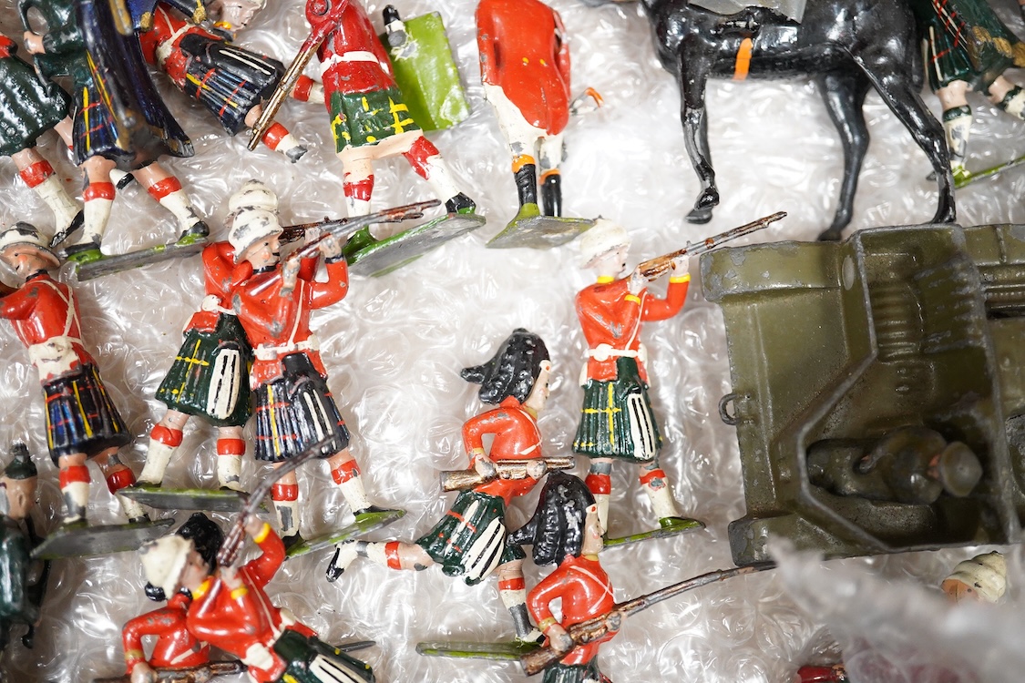A collection of lead soldiers by Britains, etc. including Scottish Highlanders, together with a number of diecast military aircraft and a boxed Schuco Telesteering Car 3000